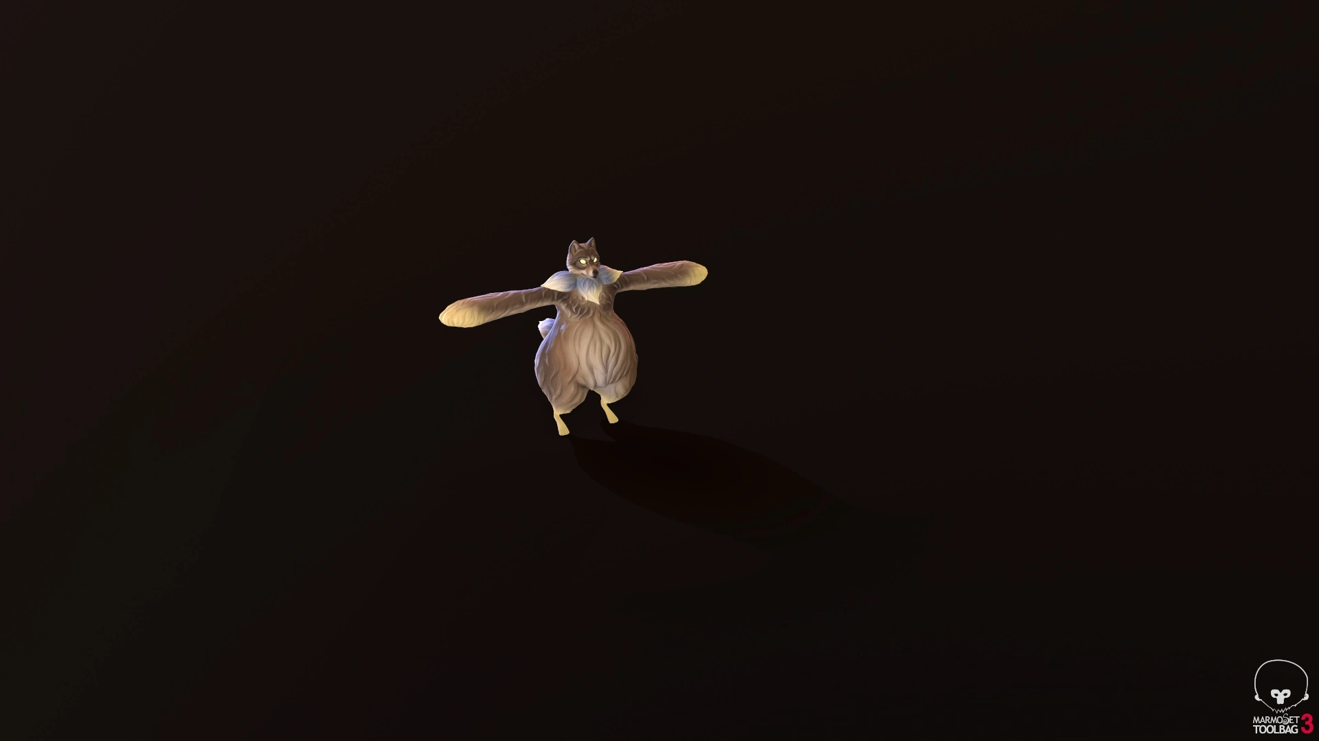 Extreme wide shot of a 3D model of a stylized anthropomorphic wolf character with glowing yellow eyes and a grayish mane around its neck, set against a dark background.