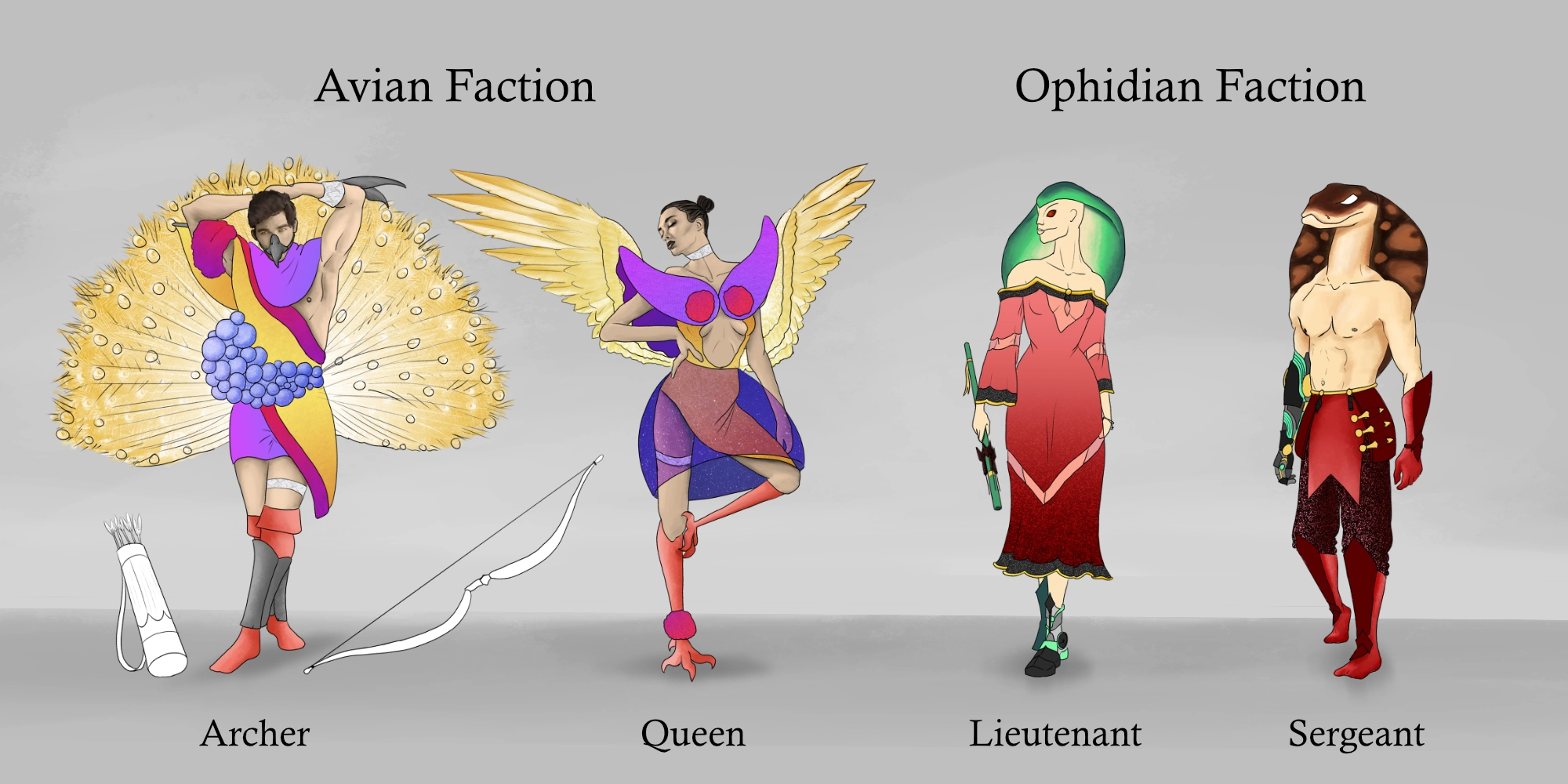 Character design sheet featuring four humanoid characters labeled Archer, Queen, Lieutenant, and Sergeant, each with distinct colorful outfits. The two on the left are labeled Avian faction; and the two on the right, Ophidian faction.